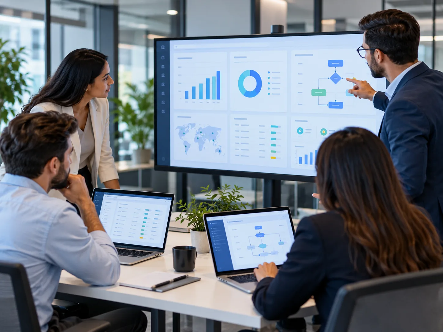 Illustrative business team discussing ERP dashboards and workflow automation